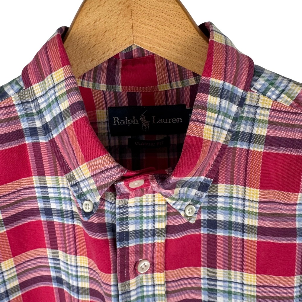 Ralph Lauren Classic Fit Plaid Button Down Oxford Shirt Mens L Madras Plaid Pony